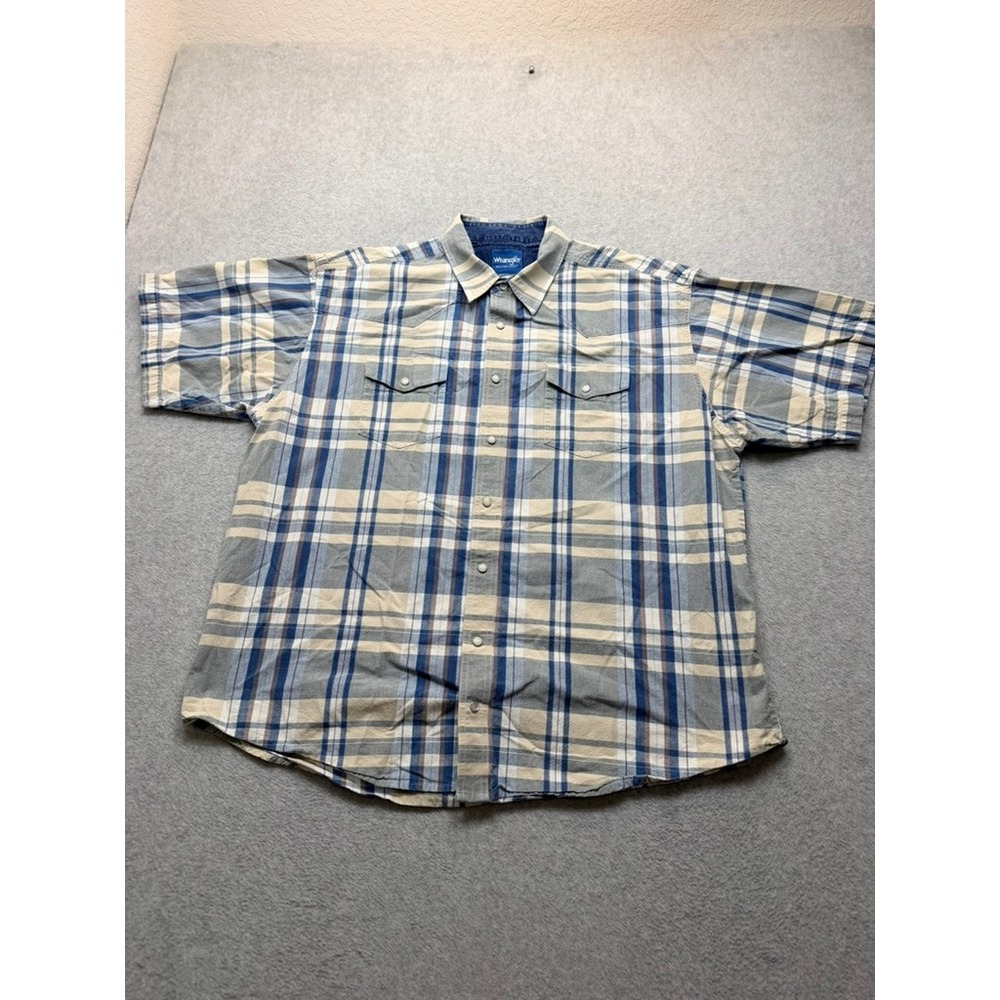 Wrangler Western Shirts Mens XXL Blue Plaid Pearl Snap Short Sleeve Button Down